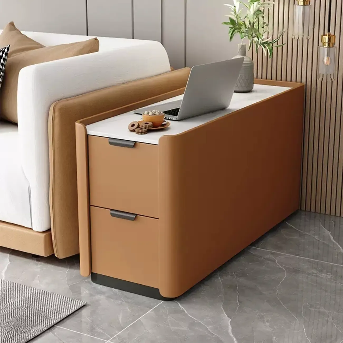 Compact Khaki Stone Top 2-Drawer Wood Block Side Table