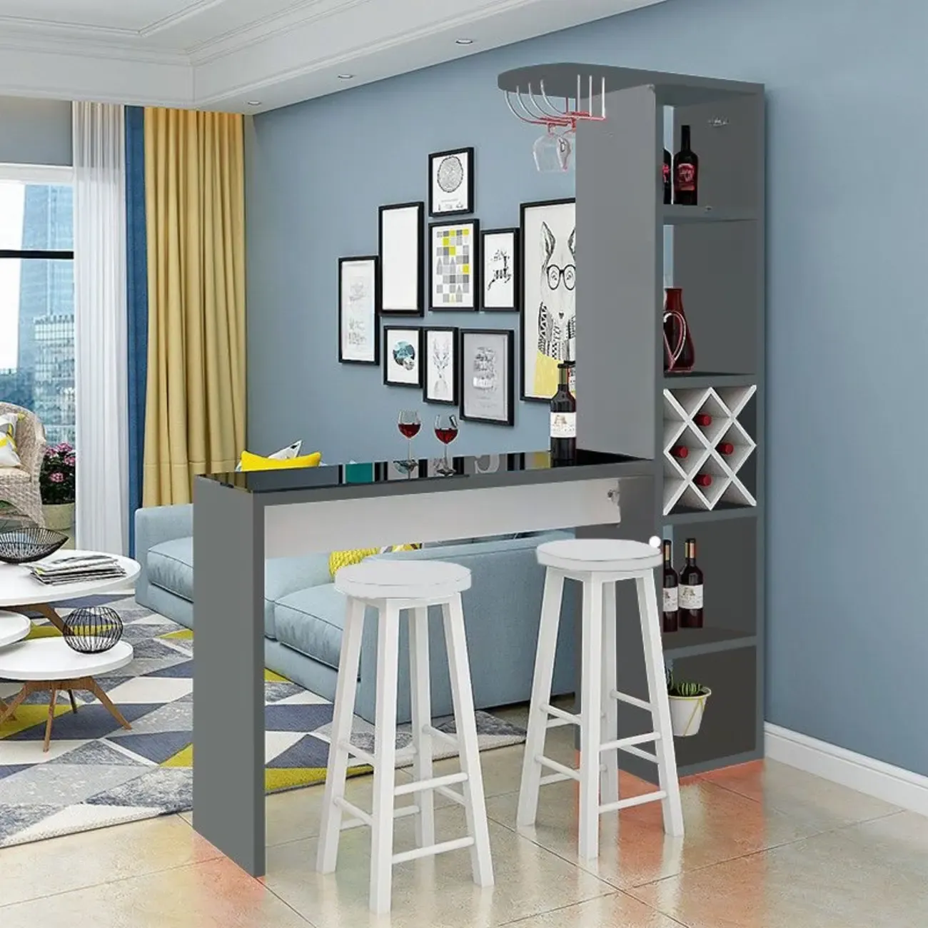 Smoke Tempered Glass Top Pub Table with Open Back Wine Shelf