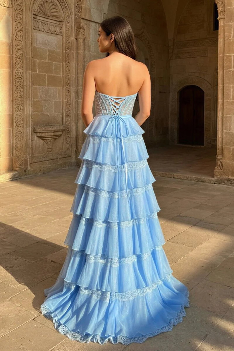 Sky Blue - Strapless A Line Chiffon Tiered Prom Dresses With Bow