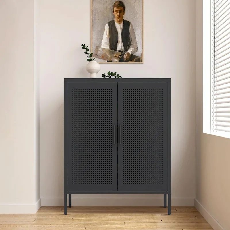 Black/White Cold-Rolled Steel 2-Door Lockable Storage Cabinet with 2 Adjustable Shelves