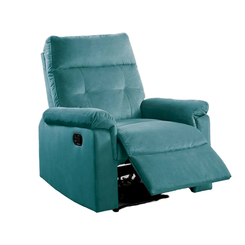 Manual Recliner Chair, Tufted Cushioned Blue Velvet, Solid Wood