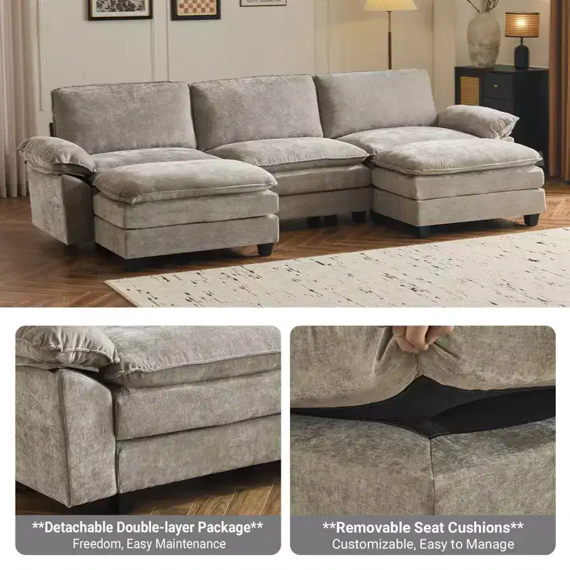 Karl Home |120 in. W Pillow Top Arm Double-layer Cushion Chenille Sofa in Blue With Ottoman