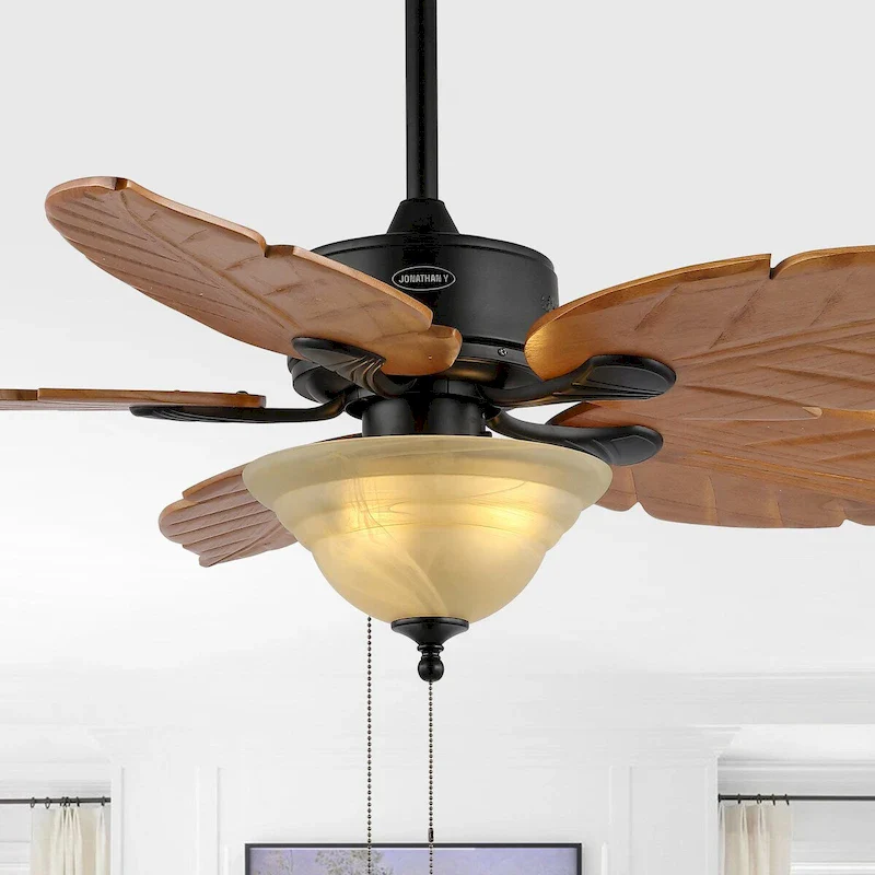 Owen 52  3-Light Coastal Bohemian Iron/Wood Palm Leaf LED Ceiling Fan with Pull Chain, by JONATHAN Y