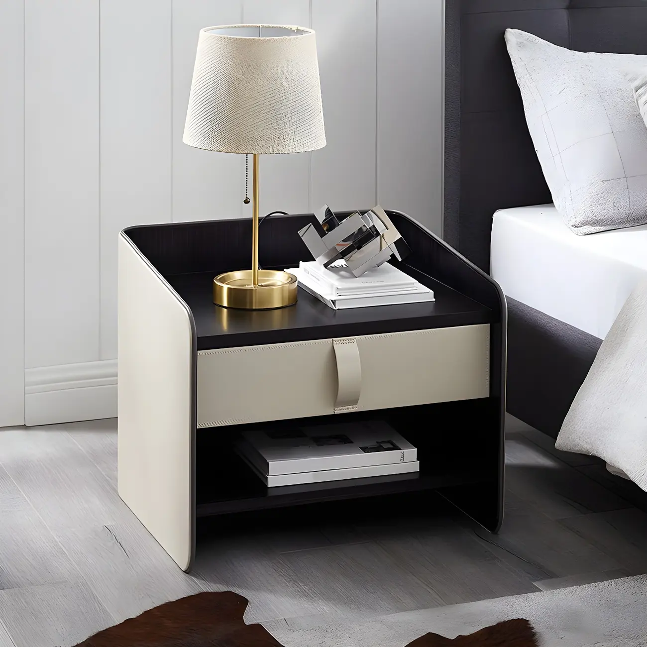 Modern 2-Tier Wood Leather Shelved Drawer Nightstand