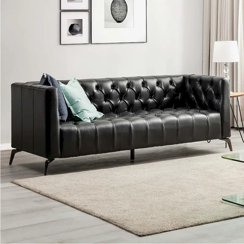 Transitional Genuine Leather Sofa with Metal Legs and Tufted Back