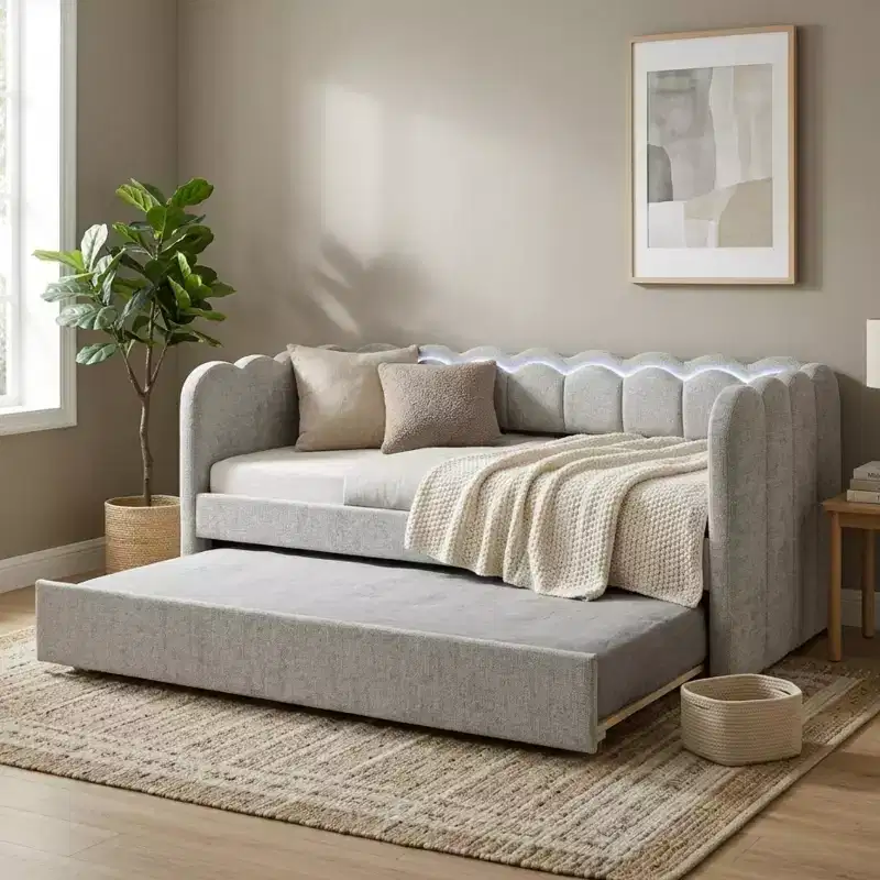 GDFStudio Charlotte Modern Wood Upholstered LED Daybed with Trundle