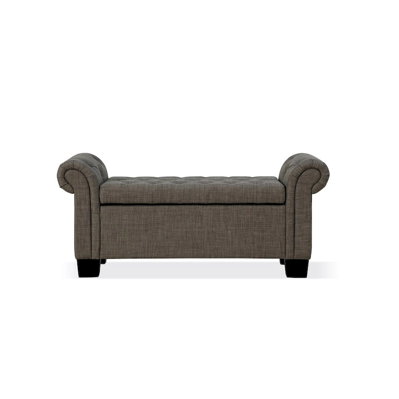54 Inch Storage Bench, Polyester Linen, Rolled Arms, Tufted, Smooth Gray