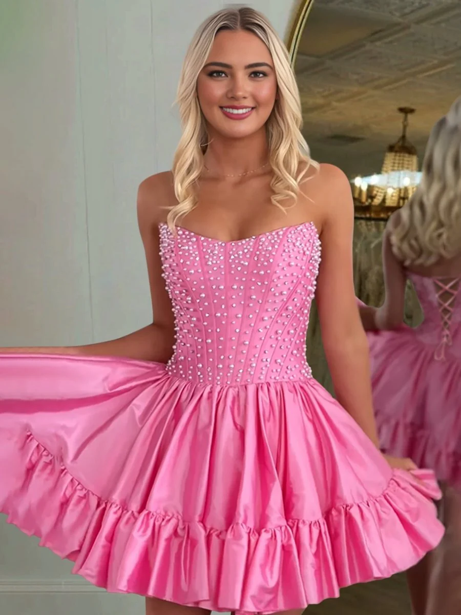 Pink - Strapless A Line Satin Ruffles Homecoming Dresses With Pearls