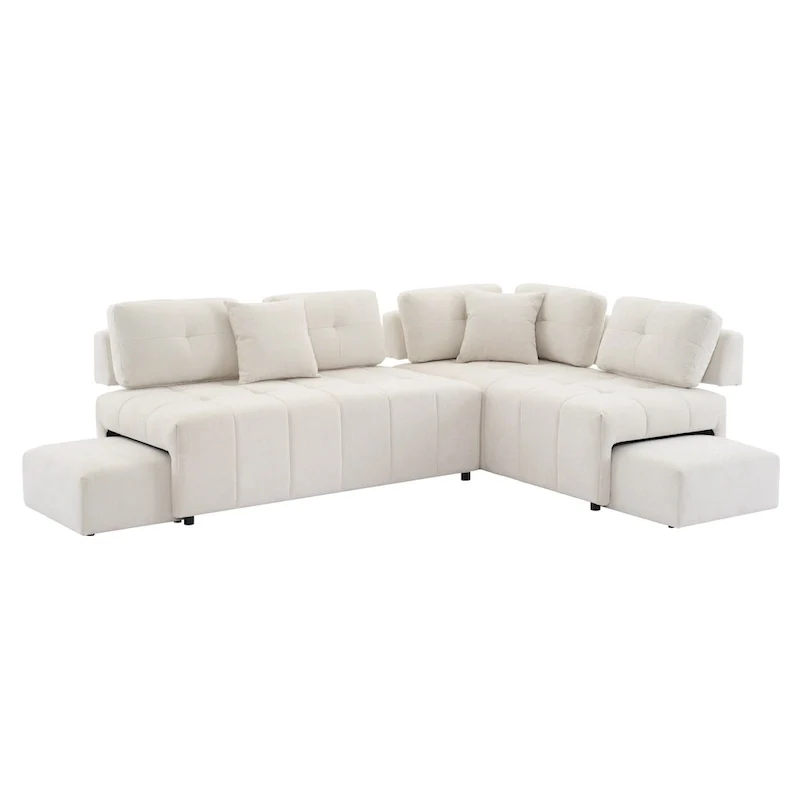 91.73 L-Shaped 4-Seat Sectional Sofa with 2 Hidden Stools, 2 Removable Lumbar Cushions, and Durable Chenille Fabric