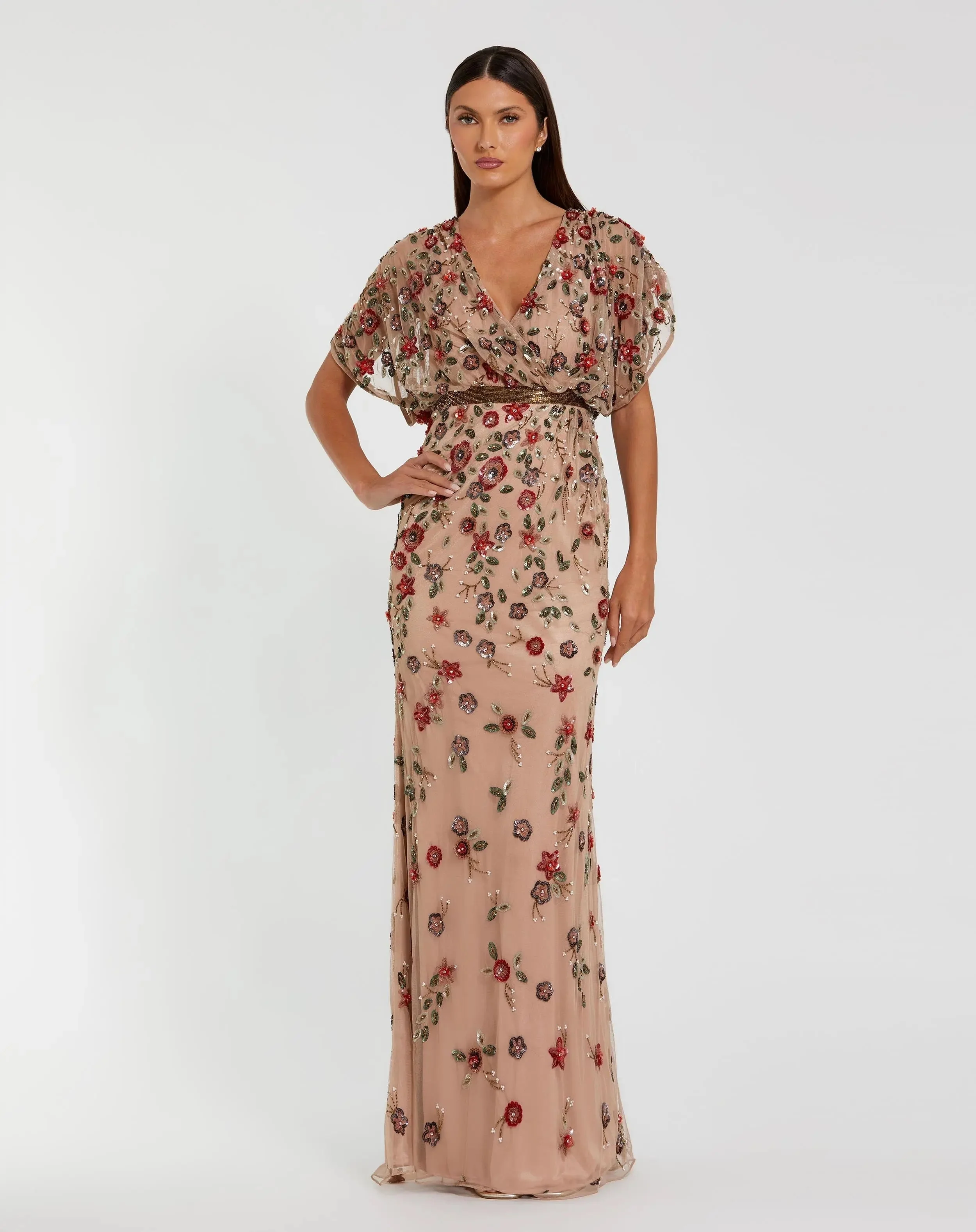 Beige Floral Embellished Short Sleeve Blouson Gown