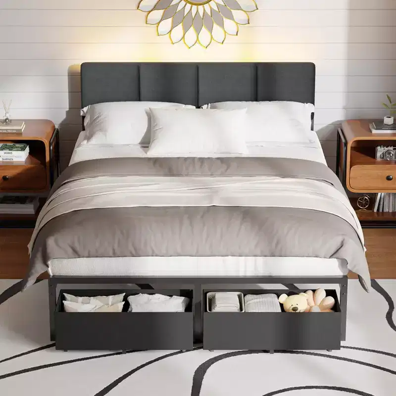 Qwatto Full Size Storage Bed Frame with 2 Drawers Charging Station LED Lights Upholstered Headboard Platform Bed No Box Spring Needed Bedroom