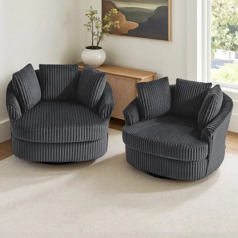 2 Set Recessed Arm Slipcovered Swivel Barrel Chair