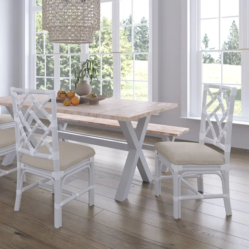 Natural Rattan Handmade Chippendale Cushioned Dining Chairs — Grey/White Wash