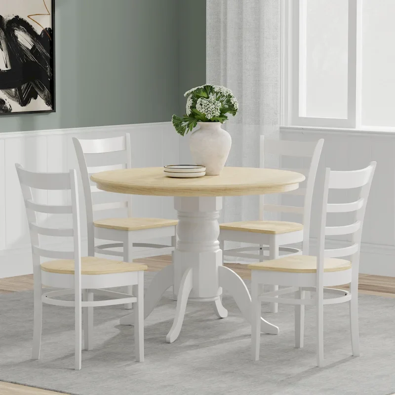 5-Piece Dining Set, 42 Round Pedestal Table and Slat Back Chairs