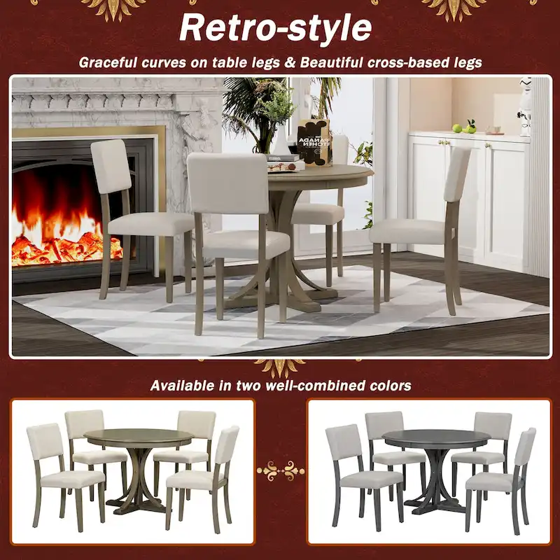 Taupe Retro 5-Piece Wooden Dining Table Set with Curved Trestle Table & 4 Chairs