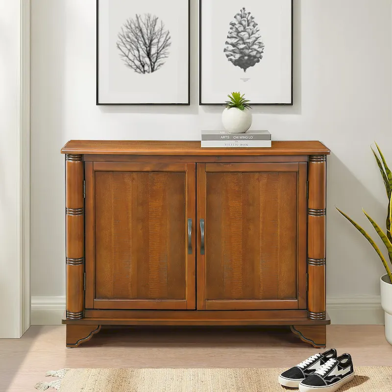 Navy Blue / Antique White / Light Espresso / Natural Retro Console Table with 2 Cabinets & Adjustable Shelves, Solid Pine Legs, 40 Inch