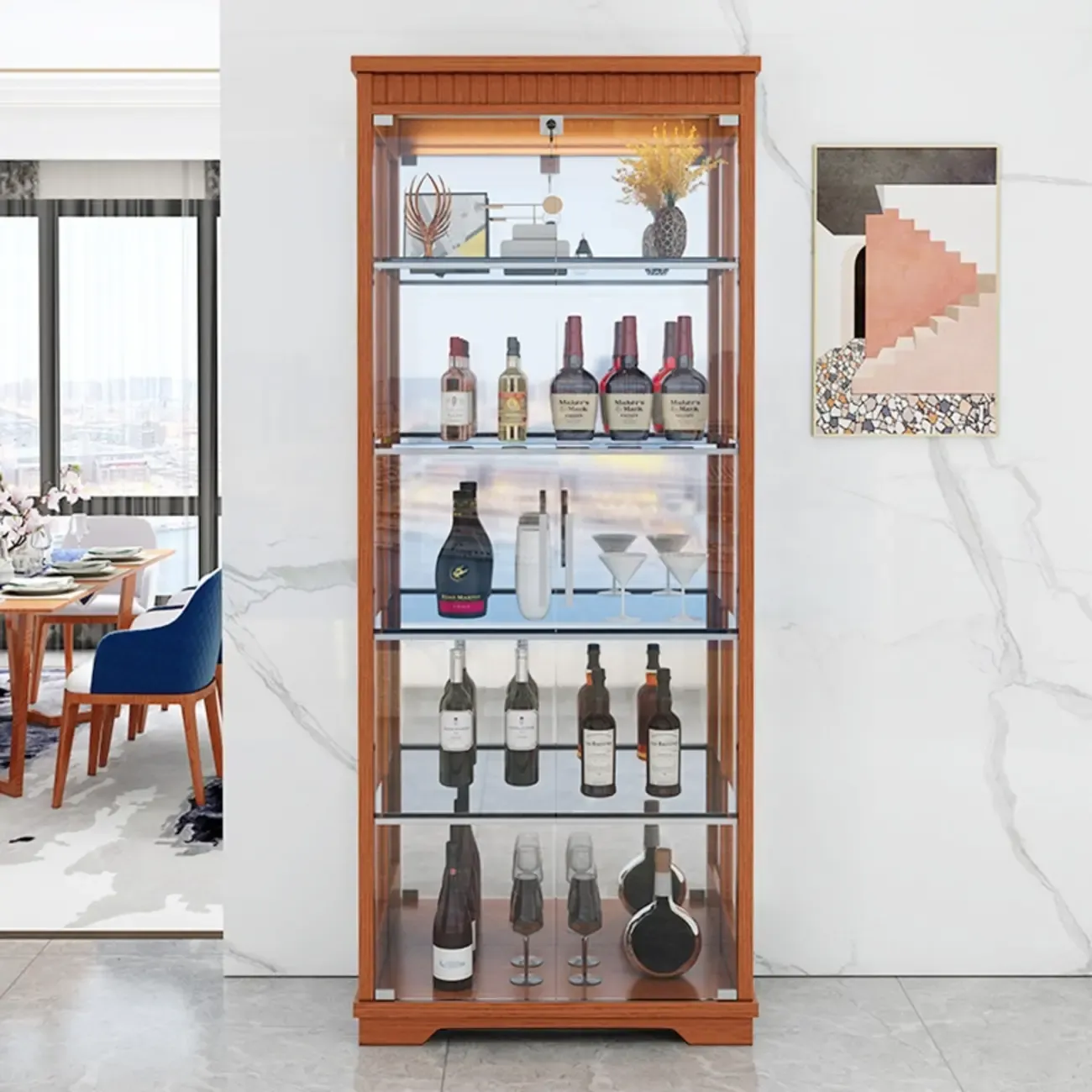 Modern Natural Wood Wine Rack with Glass Shelf