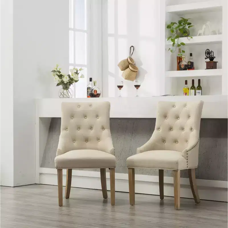 Roundhill Furniture Button Tufted Solid Wood Wingback Hostess Chairs with Nail Heads, Tan, Set of 2