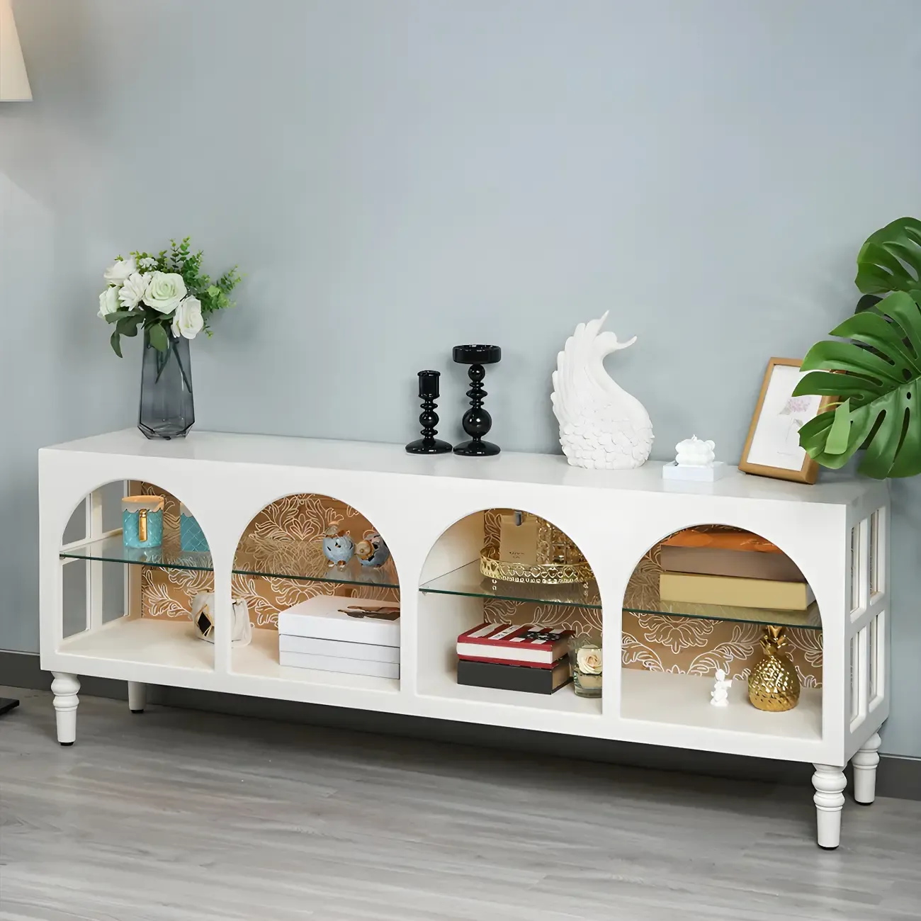 Rectangular White Wood Glass Shelf Display Cabinet