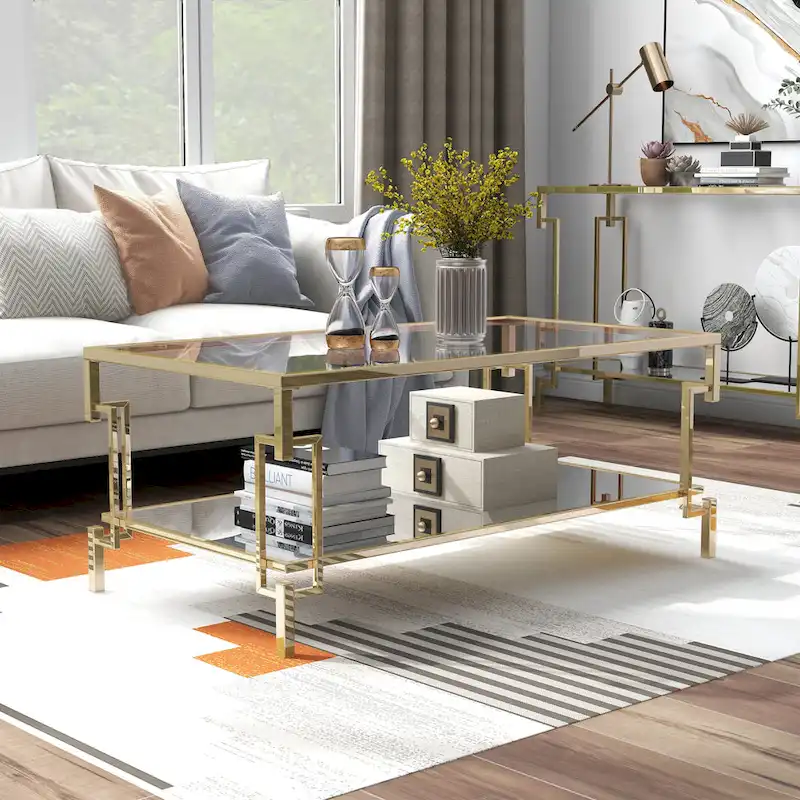 Champagne Geometric Glass Top Coffee Table, 1 Mirrored Shelf