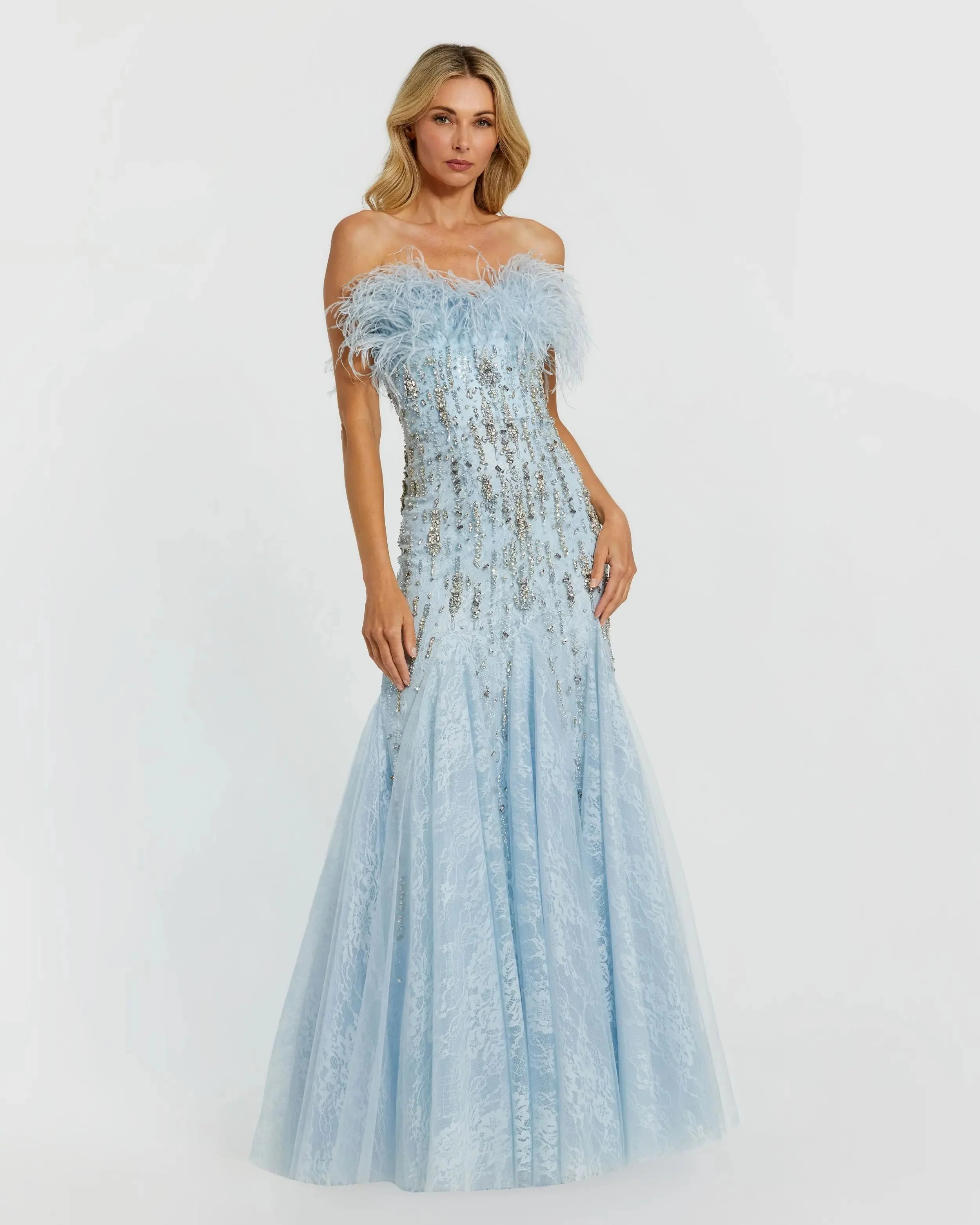 Blue Feather Embellished Strapless Trumpet Gown