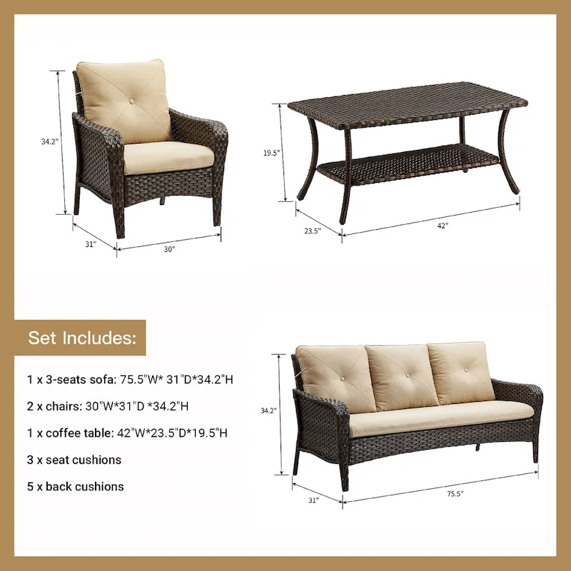 Pocassy 4-Piece Patio Wicker Conversation Sofa Set