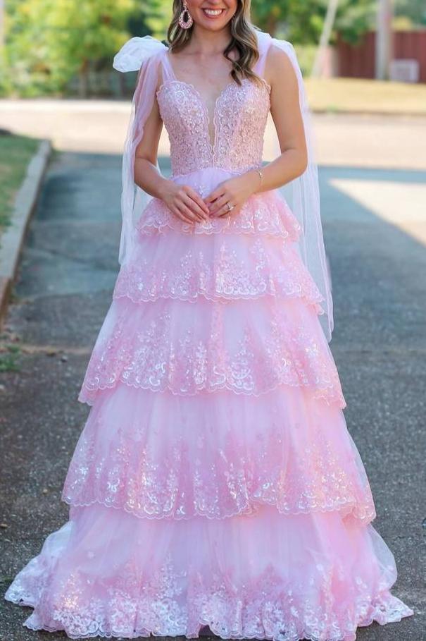 Light Blue Tulle Appliques Tying Strap Ruffle Tiered Long Prom Dress