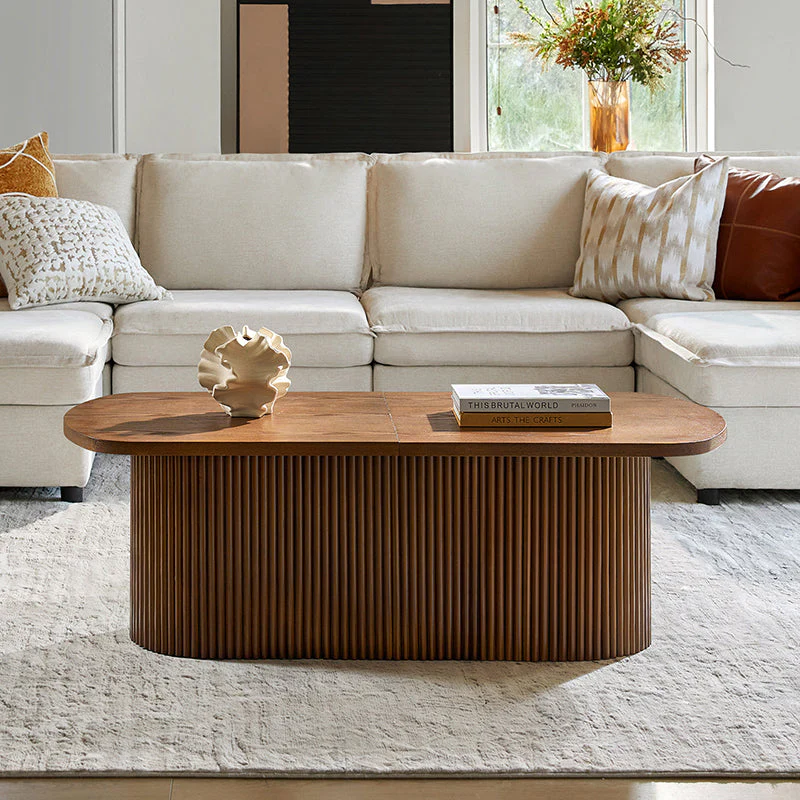 Oval Coffee Table with Lift-Top Hidden Storage & Slatted Wood Detail | Walnut / Black | Single