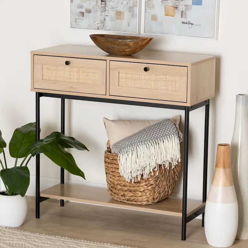 Sherwin Mid-Century Modern Light Brown and Black 2-Drawer Console Table with Woven Rattan Accent