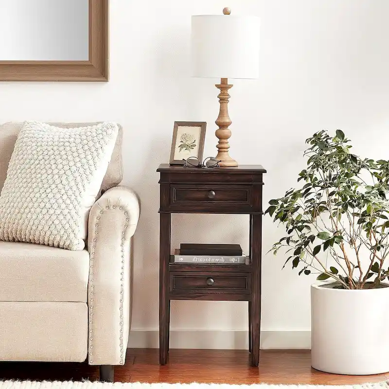 Wooden Side Table with 2 Drawers and Shelf - Antique Finish