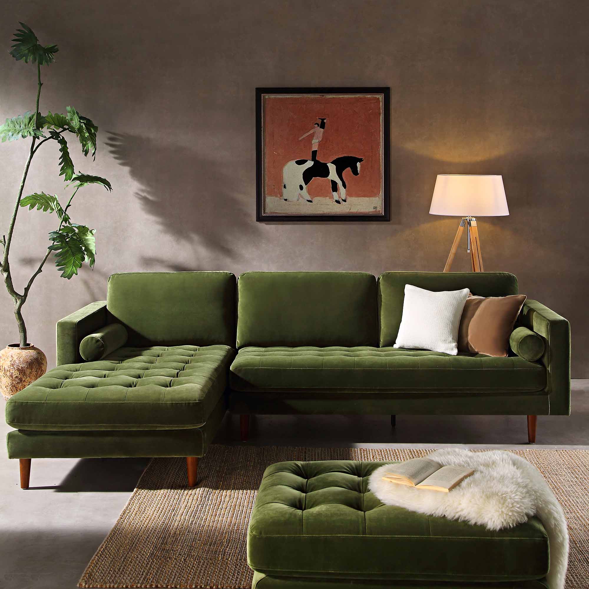 Moss Green Velvet Grand 4-Seater Chaise End Sofa, Left Hand Facing