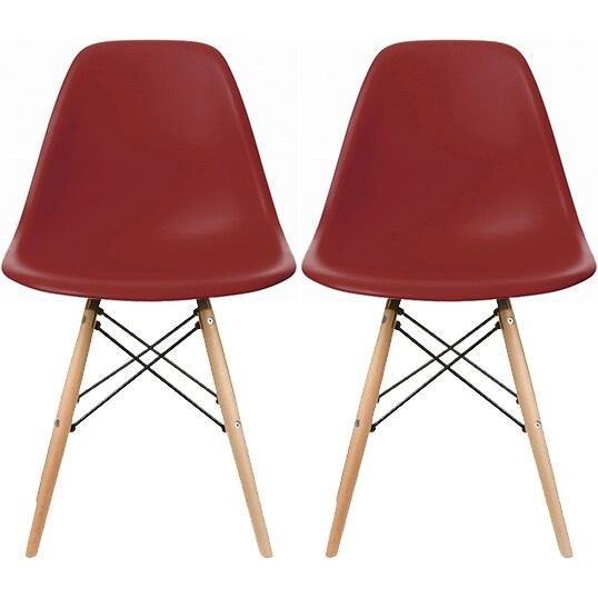 Set of 2 Mid-Century Modern Dining Chairs Armless Plastic Shell Seat with Natural Wooden Eiffel Leg Base, Red