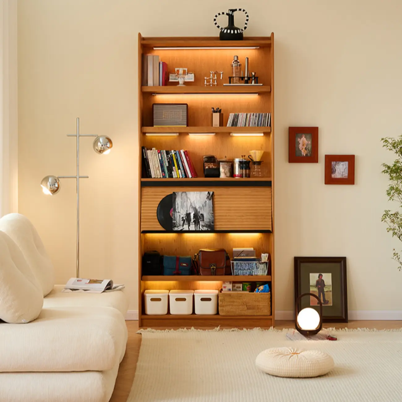 Adjustable Solid Wood Brown Display Cabinet with Light