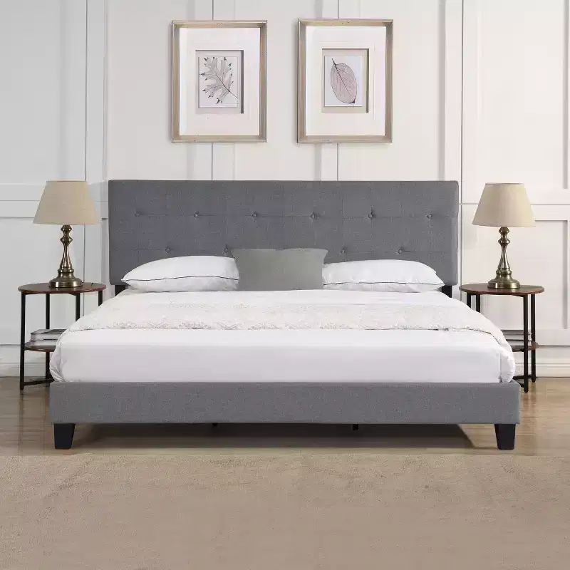Okak King Size Bed Frame with Linen Fabric Headboard, Upholstered Platform Bed Frame with Wood Slat Support for Bedroom, Gray