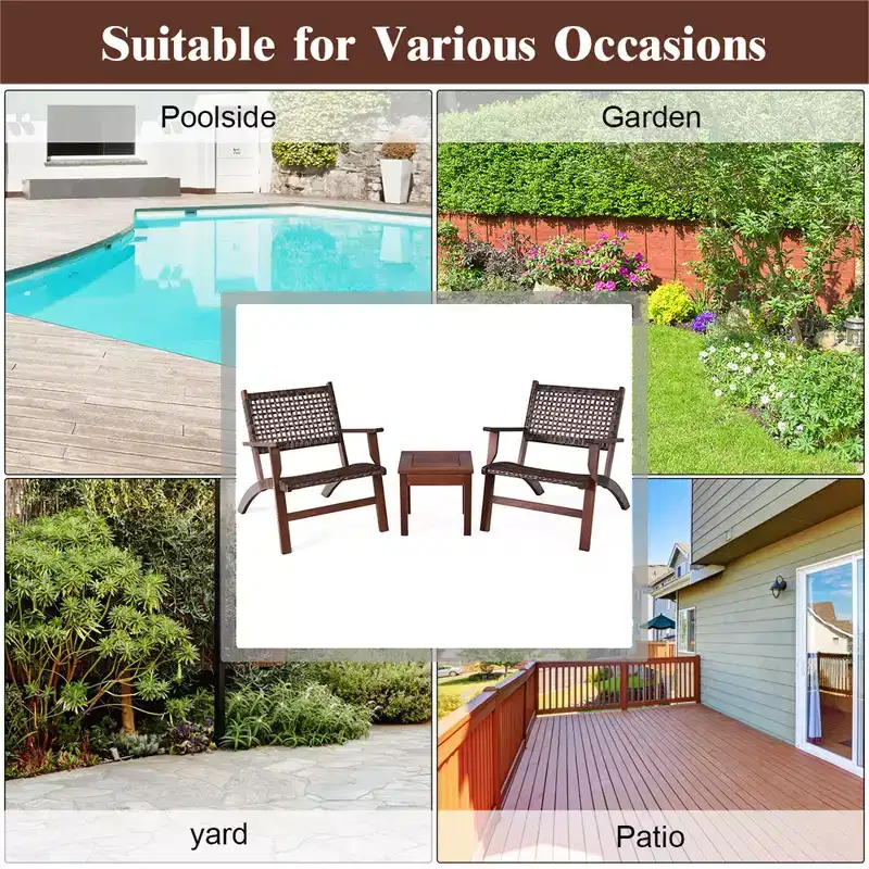 Costway 3PCS Patio Rattan Furniture Set Solid Eucalyptus Wood Frame Bistro Set with Coffee Table Patio Conversation Set (Brown)