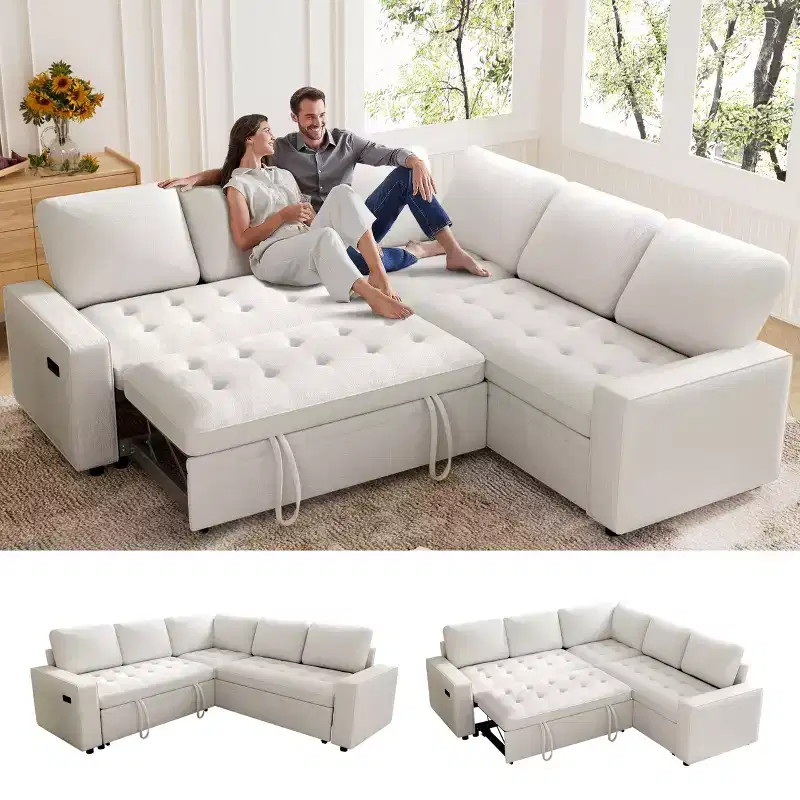 Dyonery 85 Modular Sectional Sofa with Pull Out Bed, Chenille L Shaped 5 Seat Couch with USB Ports, Adjustable Backrest & Storage