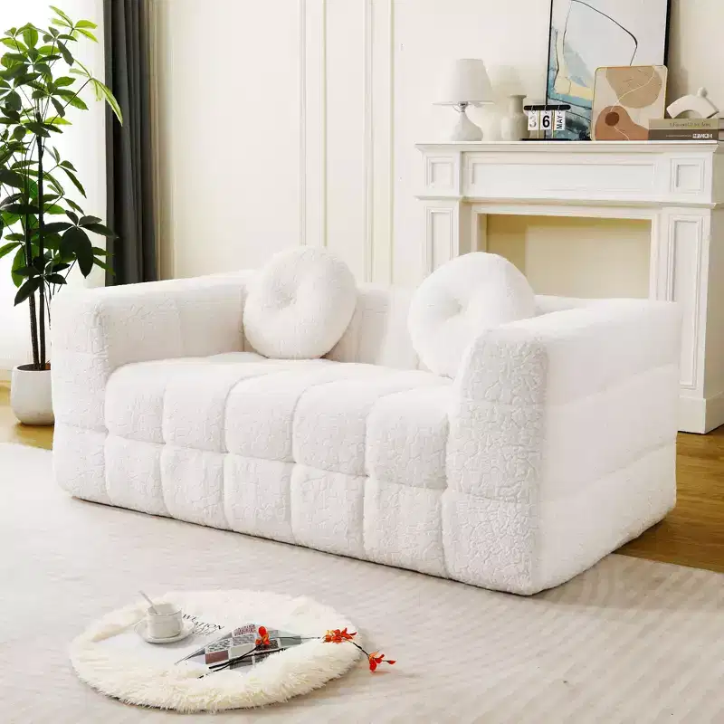 Okak Modern 2/3-Seater Boneless Sofa Couch with Circular Throw Pillows,Checkered Fabric Loveseats for Living Room, Bedroom, Apartment