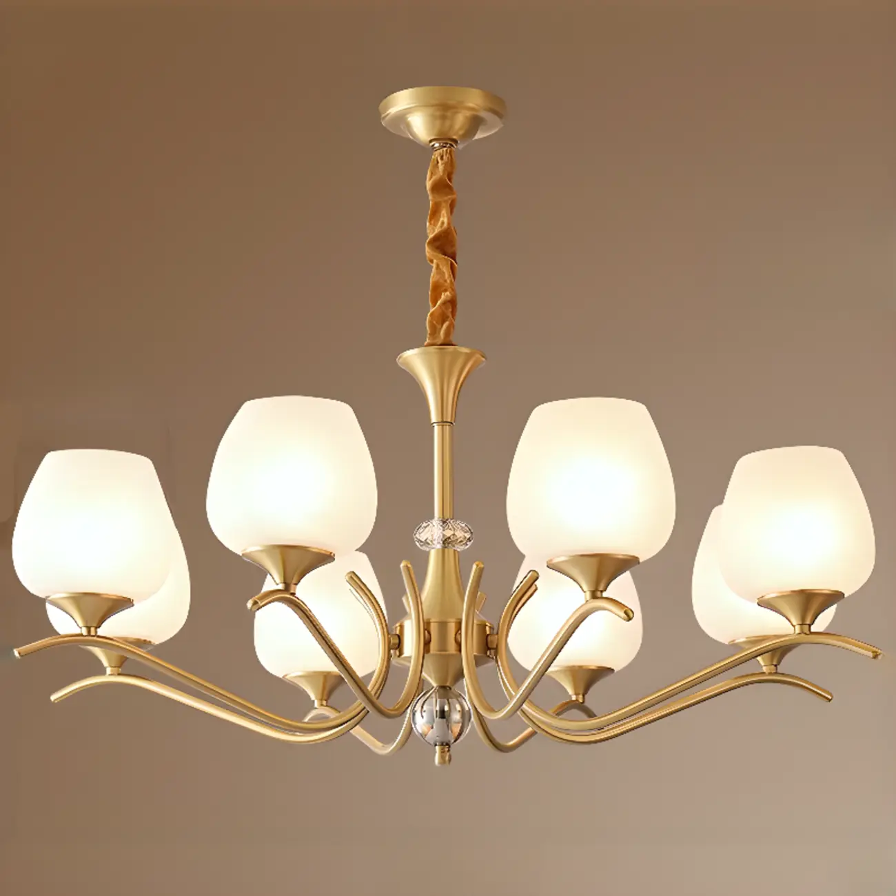 Mid-Century Modern White Glass Elegant Gold Chandelier