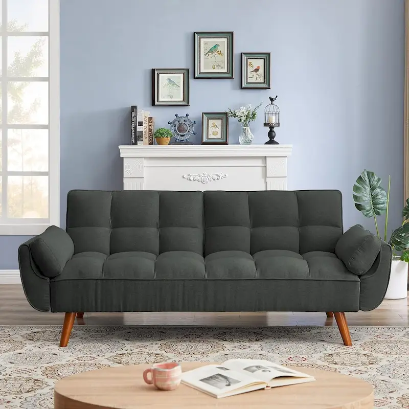 Convertible Futon Sofa Bed with Adjustable Backrest and Armrest Pillows