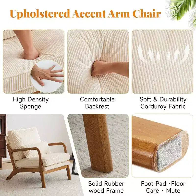 Karl Home 2Pcs Mid Century Solid Wood Accent Chair Upholstered Armchair with an Extra Pillow