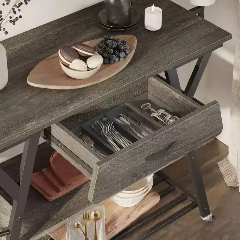 Rustic Brown / Vintage Dark Grey Rolling Kitchen Cart with 3-Tier Shelf, Lockable Wheels