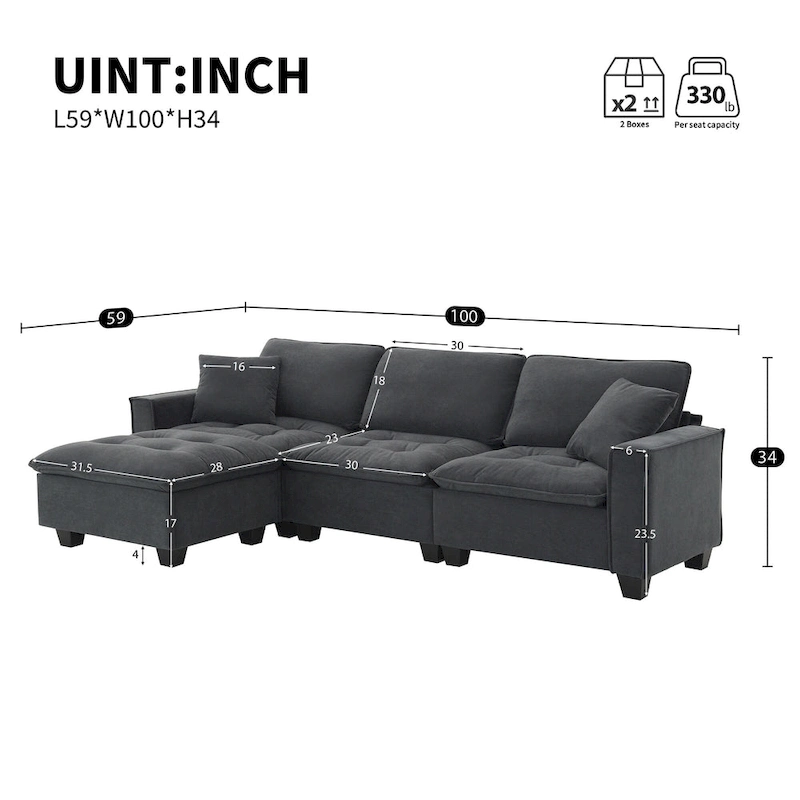 100 L-Shaped Convertible 4 Seater Sectional Sofa with Removable Ottoman and Matching Pillows, Suede Velvet Upholstery