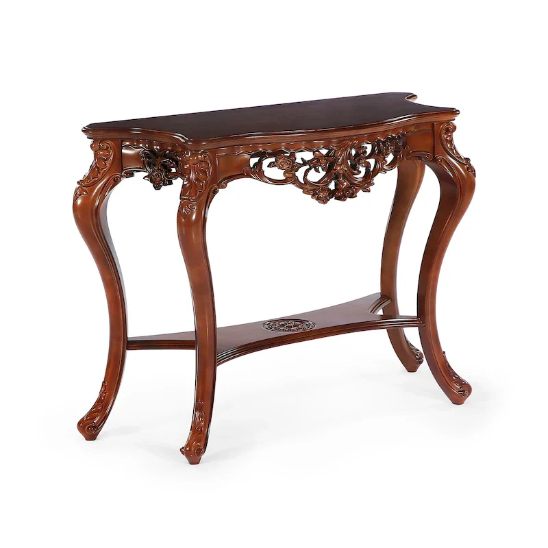 Walnut Two-Tier Carved Console Table with Lower Shelf