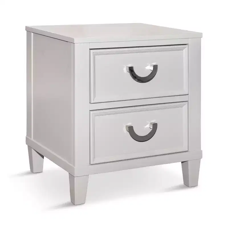 Royal Hampton Nightstand with 2 Drawers, Chrome Metal, White Wood