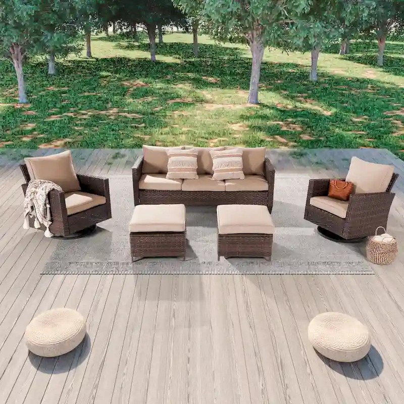 LIVOOSUN 5Pcs Patio Brown Rattan Outdoor Furniture Swivel Rocking Sofa Set