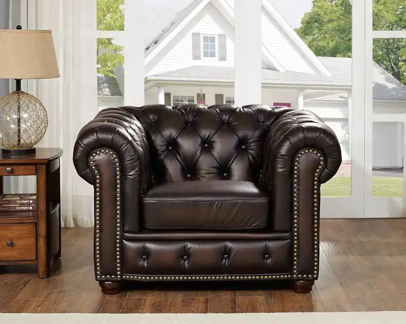 Top-Grain Leather Accent Chair, Handcrafted Caramel Finish, Classic Living Room Seating
