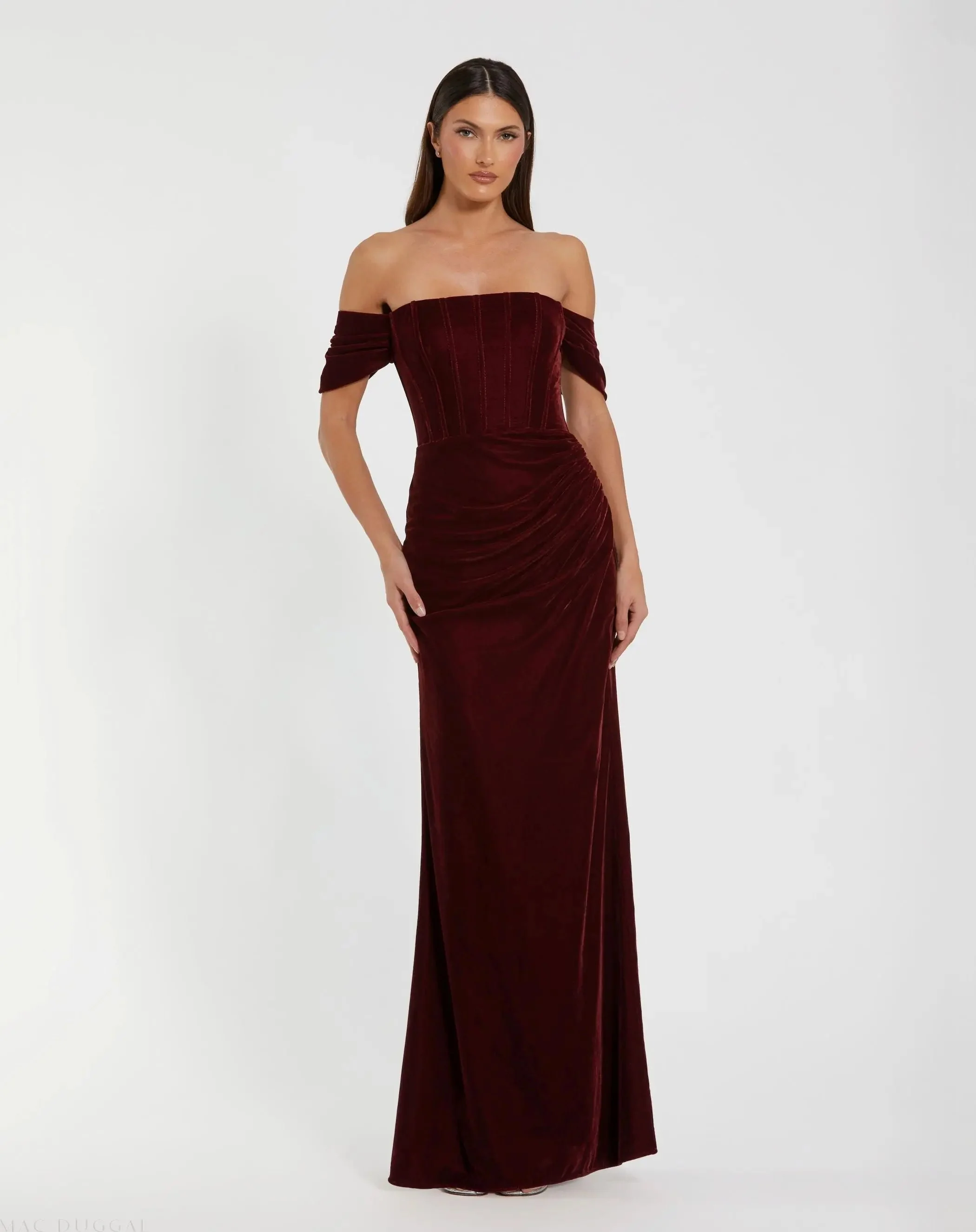 Red Off-the-Shoulder Velvet Bustier Gown