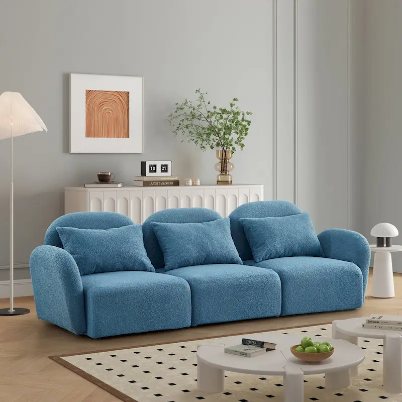 Pink / Blue / White Teddy Fabric 3-Seat Sofa with Curved Arms – Modern Style, Seats 3