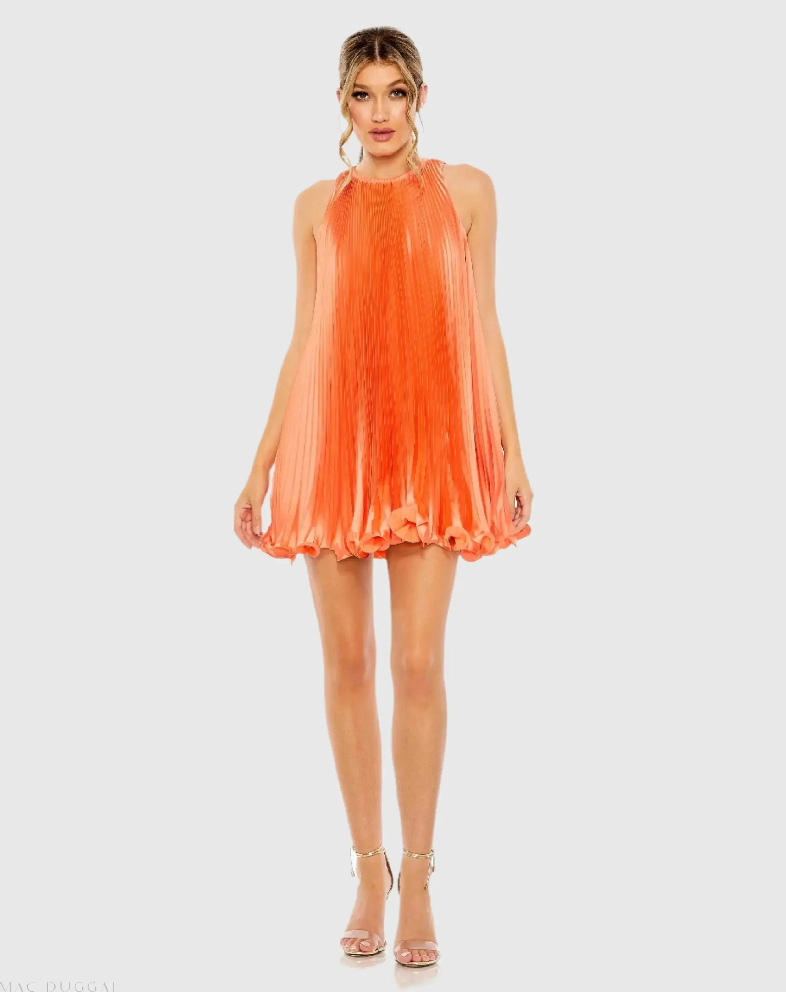 Orange Pleated Halter Neck Flowy Mini Trapeze Dress