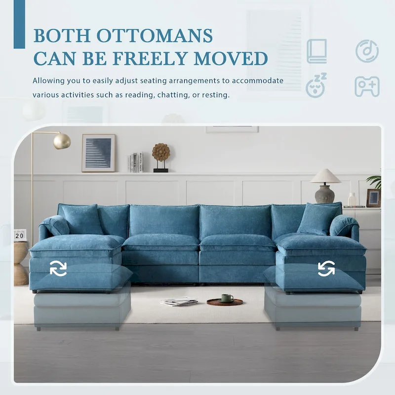 136  U-Shaped Chenille Cloud Sectional Sofa with Dual Ottomans